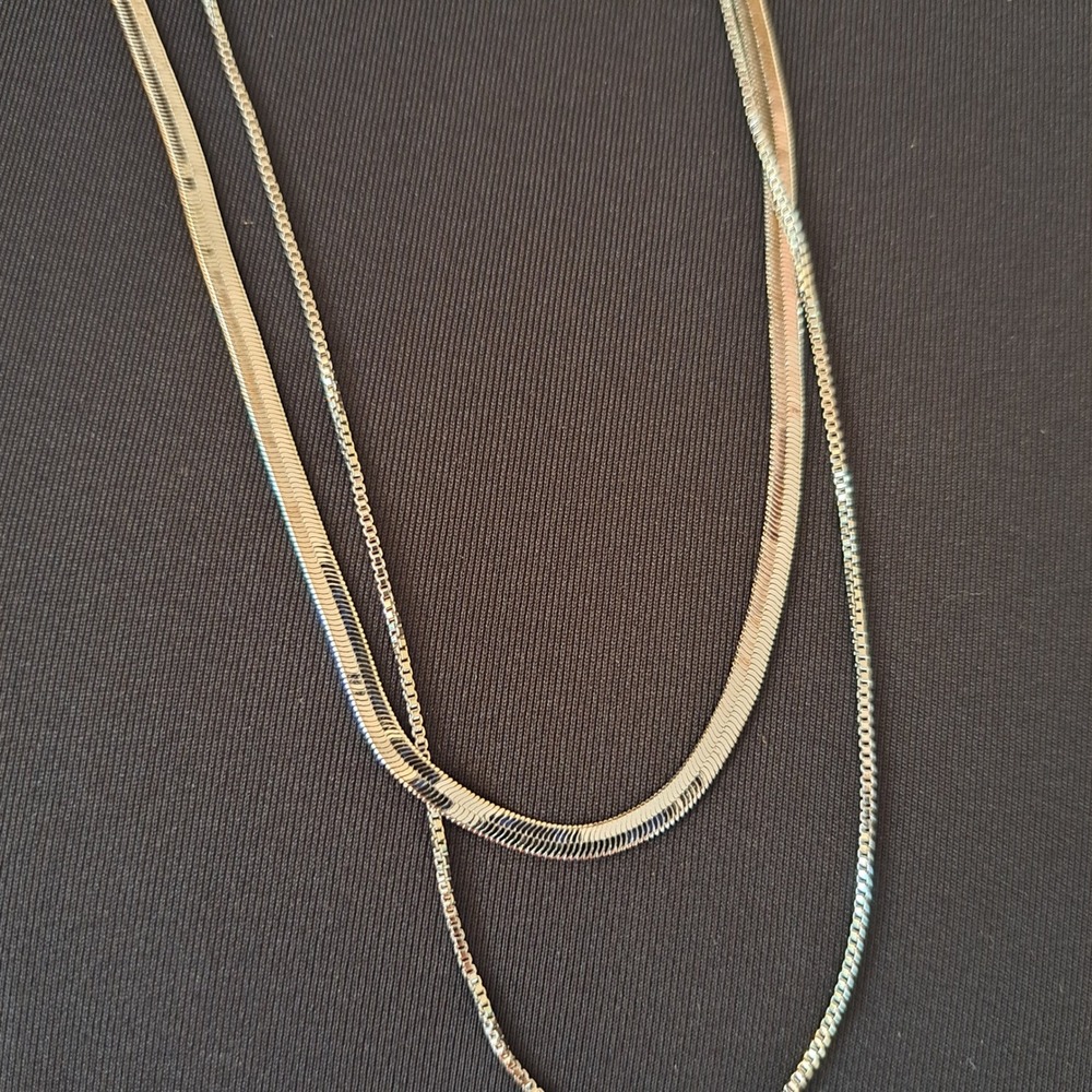 Herringbone and Box Chain Necklace Set 2pc - Silver 966-160-CB6